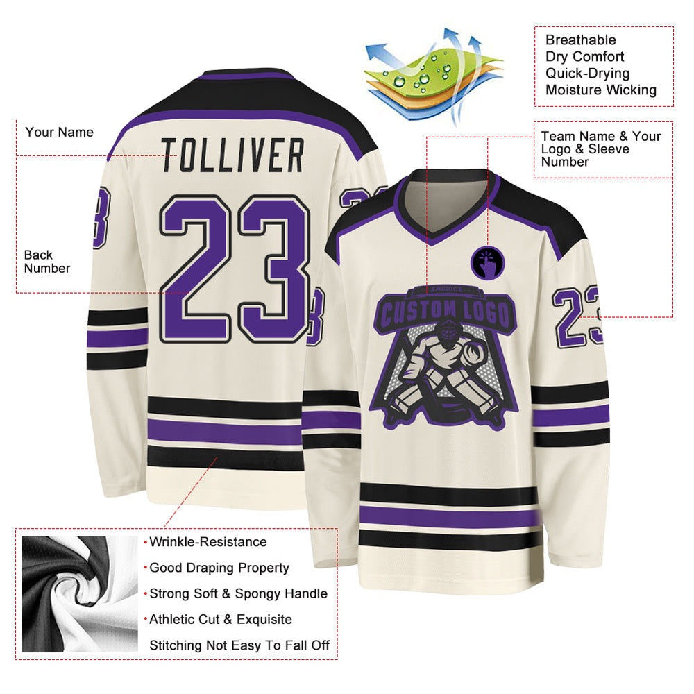 Usa Hockey Jersey, Custom Cream Purple Black Hockey Jersey, Team Hockey Jerseys