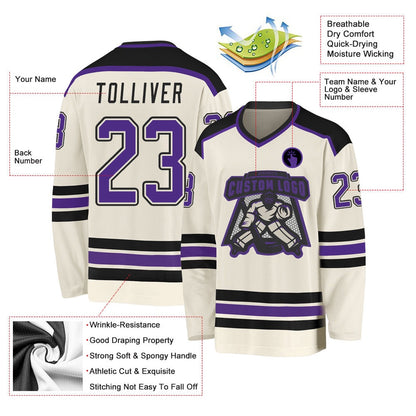 Usa Hockey Jersey, Custom Cream Purple Black Hockey Jersey, Team Hockey Jerseys
