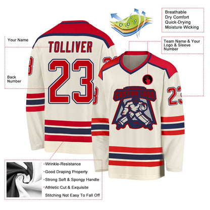 Usa Hockey Jersey, Custom Cream Red Navy Hockey Jersey, Team Hockey Jerseys