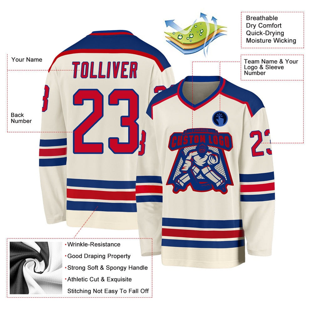 Usa Hockey Jersey, Custom Cream Red Royal Hockey Jersey, Team Hockey Jerseys
