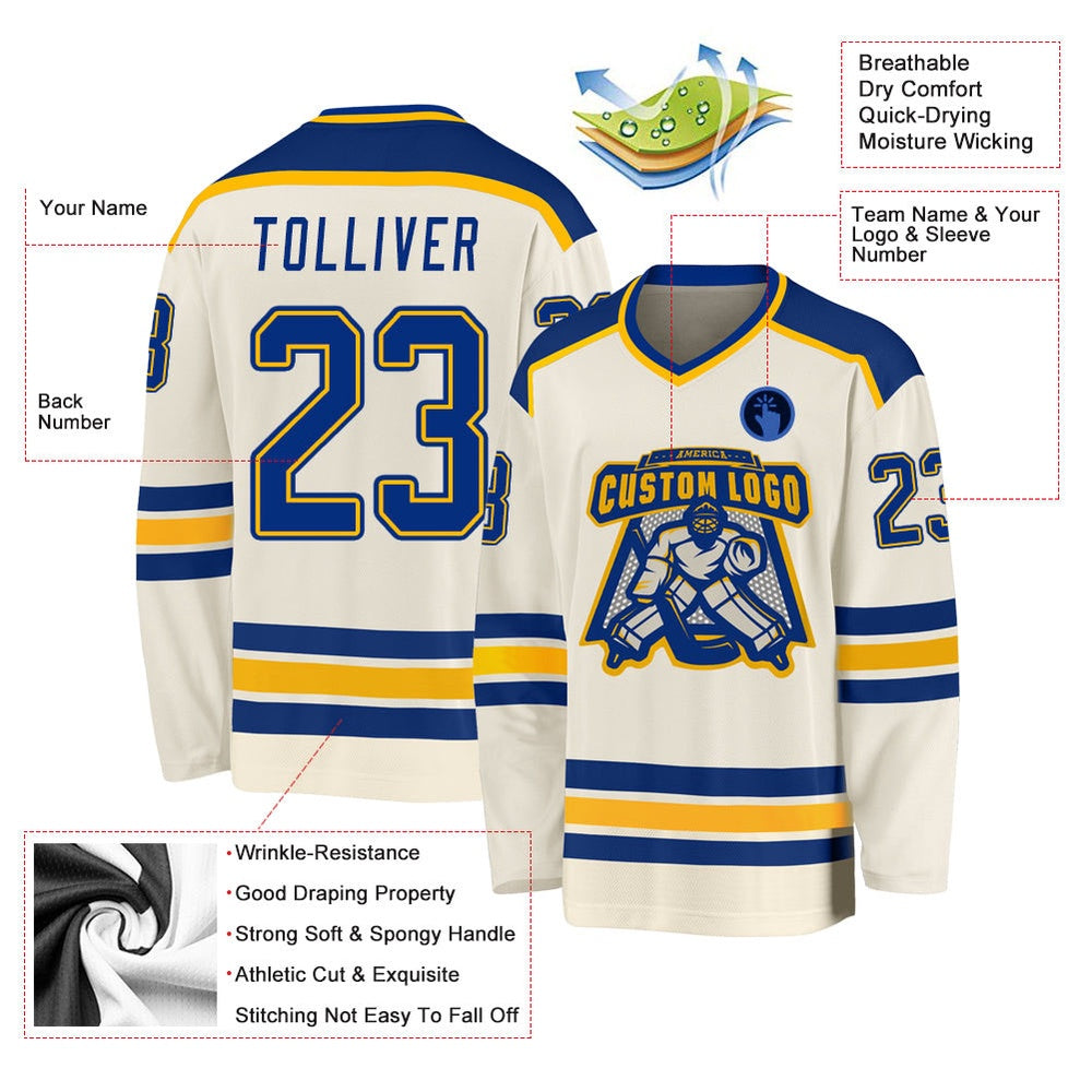 Usa Hockey Jersey, Custom Cream Royal Gold Hockey Jersey, Team Hockey Jerseys