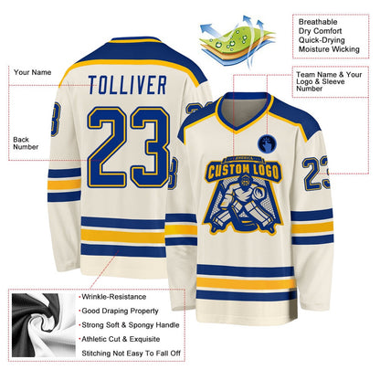 Usa Hockey Jersey, Custom Cream Royal Gold Hockey Jersey, Team Hockey Jerseys