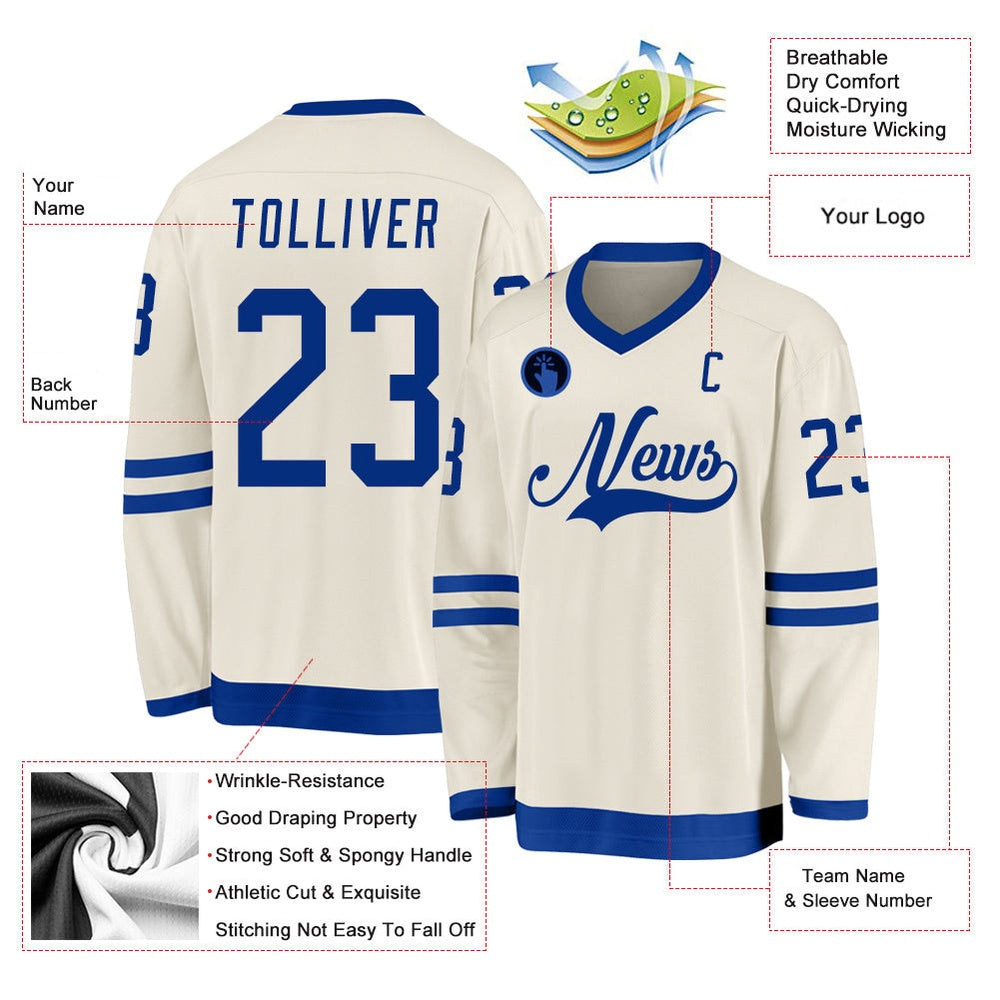 Usa Hockey Jersey, Custom Cream Royal Hockey Jersey, Team Hockey Jerseys