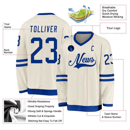 Usa Hockey Jersey, Custom Cream Royal Hockey Jersey, Team Hockey Jerseys