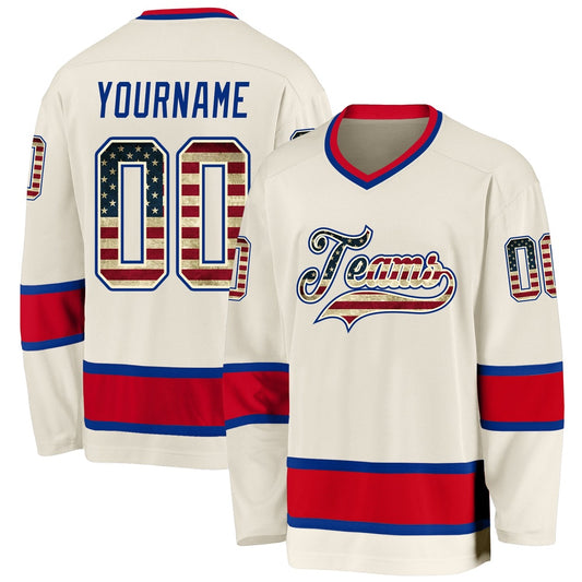 Usa Hockey Jersey, Custom Cream Vintage USA Flag Royal Red Hockey Jersey, Team Hockey Jerseys