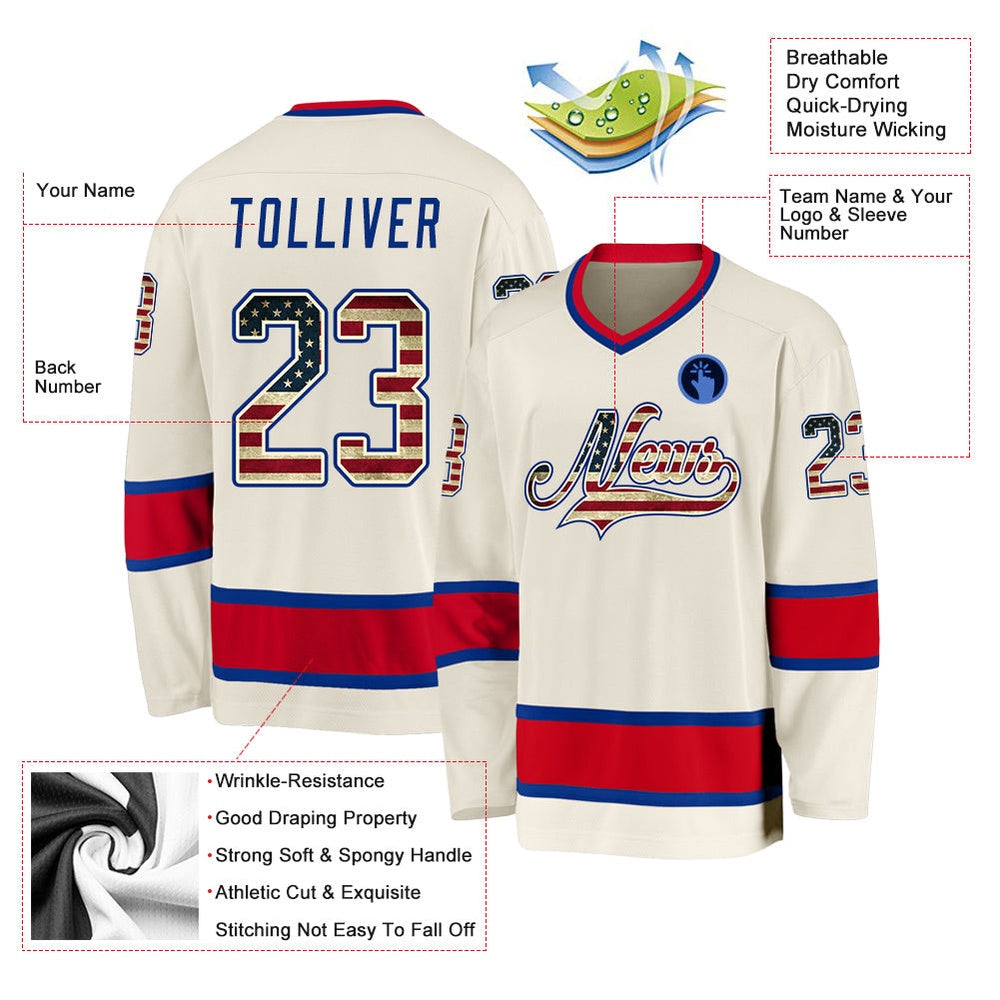 Usa Hockey Jersey, Custom Cream Vintage USA Flag Royal Red Hockey Jersey, Team Hockey Jerseys