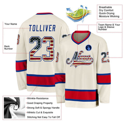 Usa Hockey Jersey, Custom Cream Vintage USA Flag Royal Red Hockey Jersey, Team Hockey Jerseys
