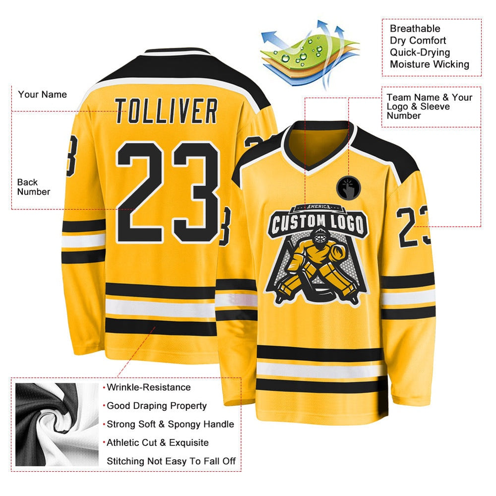 Usa Hockey Jersey, Custom Gold Black White Hockey Jersey, Team Hockey Jerseys