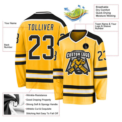 Usa Hockey Jersey, Custom Gold Black White Hockey Jersey, Team Hockey Jerseys