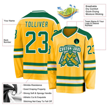 Usa Hockey Jersey, Custom Gold Kelly Green White Hockey Jersey, Team Hockey Jerseys