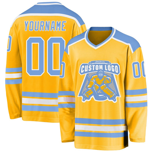 Usa Hockey Jersey, Custom Gold Light Blue White Hockey Jersey, Team Hockey Jerseys