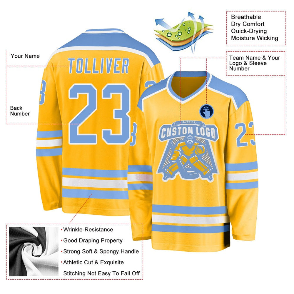 Usa Hockey Jersey, Custom Gold Light Blue White Hockey Jersey, Team Hockey Jerseys