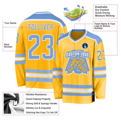 Usa Hockey Jersey, Custom Gold Light Blue White Hockey Jersey, Team Hockey Jerseys