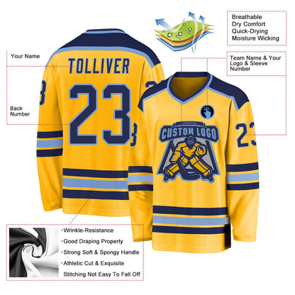 Usa Hockey Jersey, Custom Gold Navy Light Blue 1 Hockey Jersey, Team Hockey Jerseys