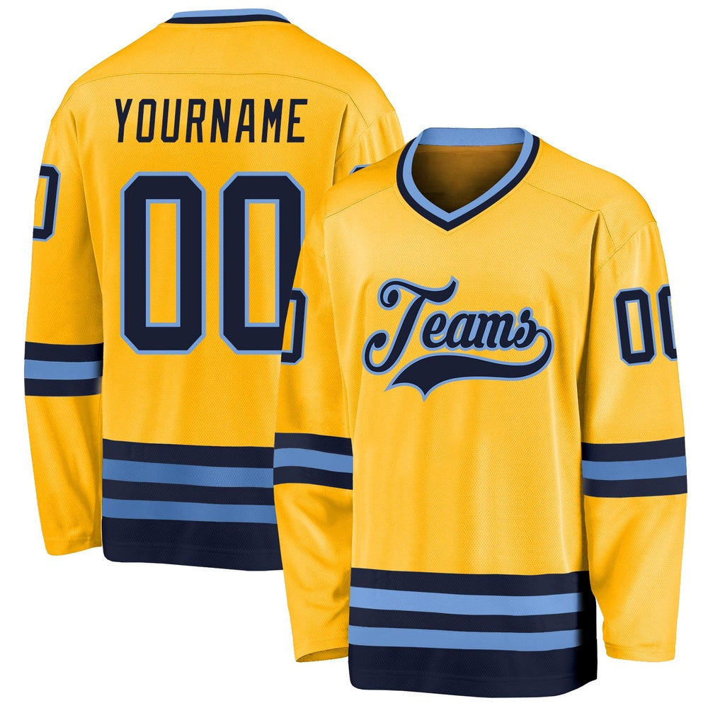 Usa Hockey Jersey, Custom Gold Navy Light Blue Hockey Jersey, Team Hockey Jerseys