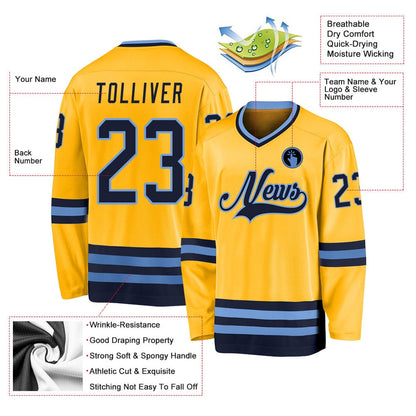 Usa Hockey Jersey, Custom Gold Navy Light Blue Hockey Jersey, Team Hockey Jerseys