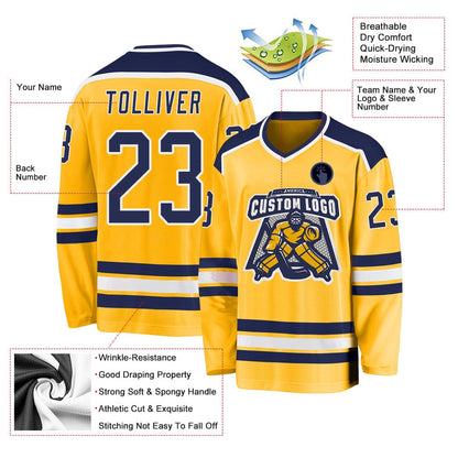 Usa Hockey Jersey, Custom Gold Navy White Hockey Jersey, Team Hockey Jerseys