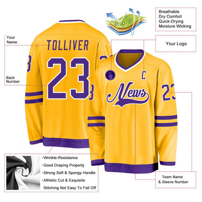 Usa Hockey Jersey, Custom Gold Purple White Hockey Jersey, Team Hockey Jerseys