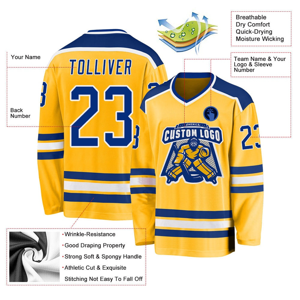 Usa Hockey Jersey, Custom Gold Royal White Hockey Jersey, Team Hockey Jerseys