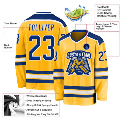 Usa Hockey Jersey, Custom Gold Royal White Hockey Jersey, Team Hockey Jerseys