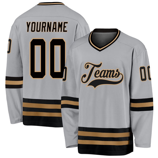 Usa Hockey Jersey, Custom Gray Black Old Gold Hockey Jersey, Team Hockey Jerseys