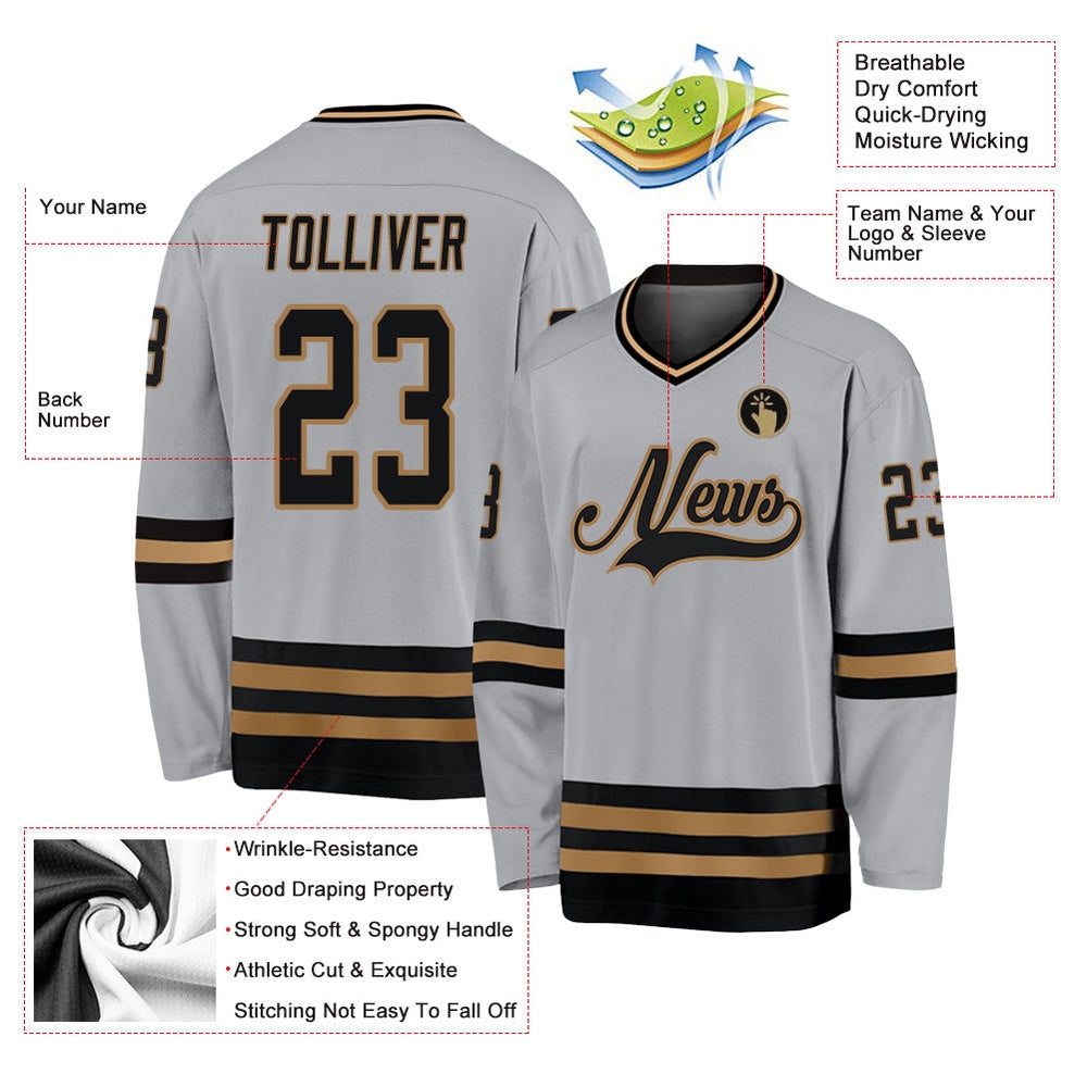 Usa Hockey Jersey, Custom Gray Black Old Gold Hockey Jersey, Team Hockey Jerseys