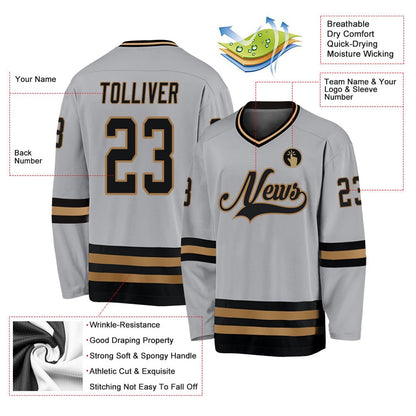 Usa Hockey Jersey, Custom Gray Black Old Gold Hockey Jersey, Team Hockey Jerseys