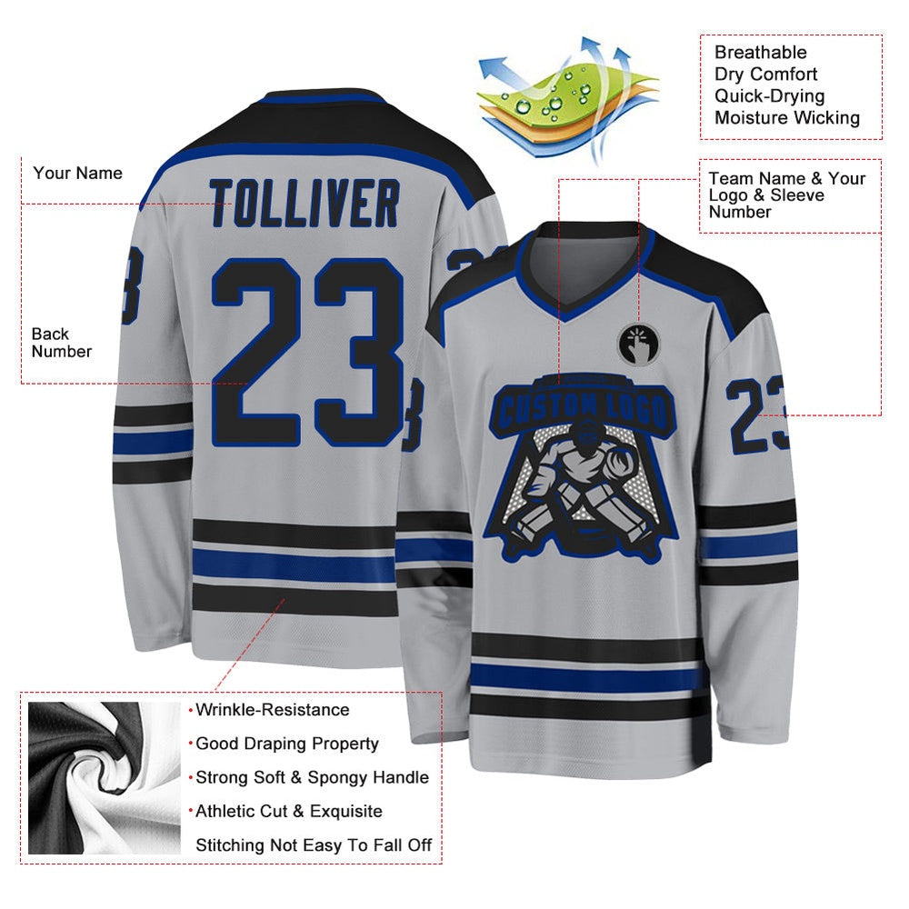 Usa Hockey Jersey, Custom Gray Black Royal Hockey Jersey, Team Hockey Jerseys