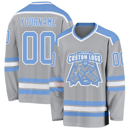 Usa Hockey Jersey, Custom Gray Light Blue White Hockey Jersey, Team Hockey Jerseys