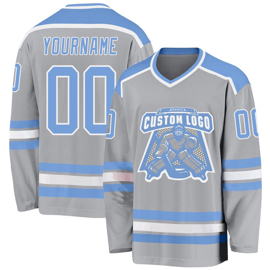 Usa Hockey Jersey, Custom Gray Light Blue White Hockey Jersey, Team Hockey Jerseys