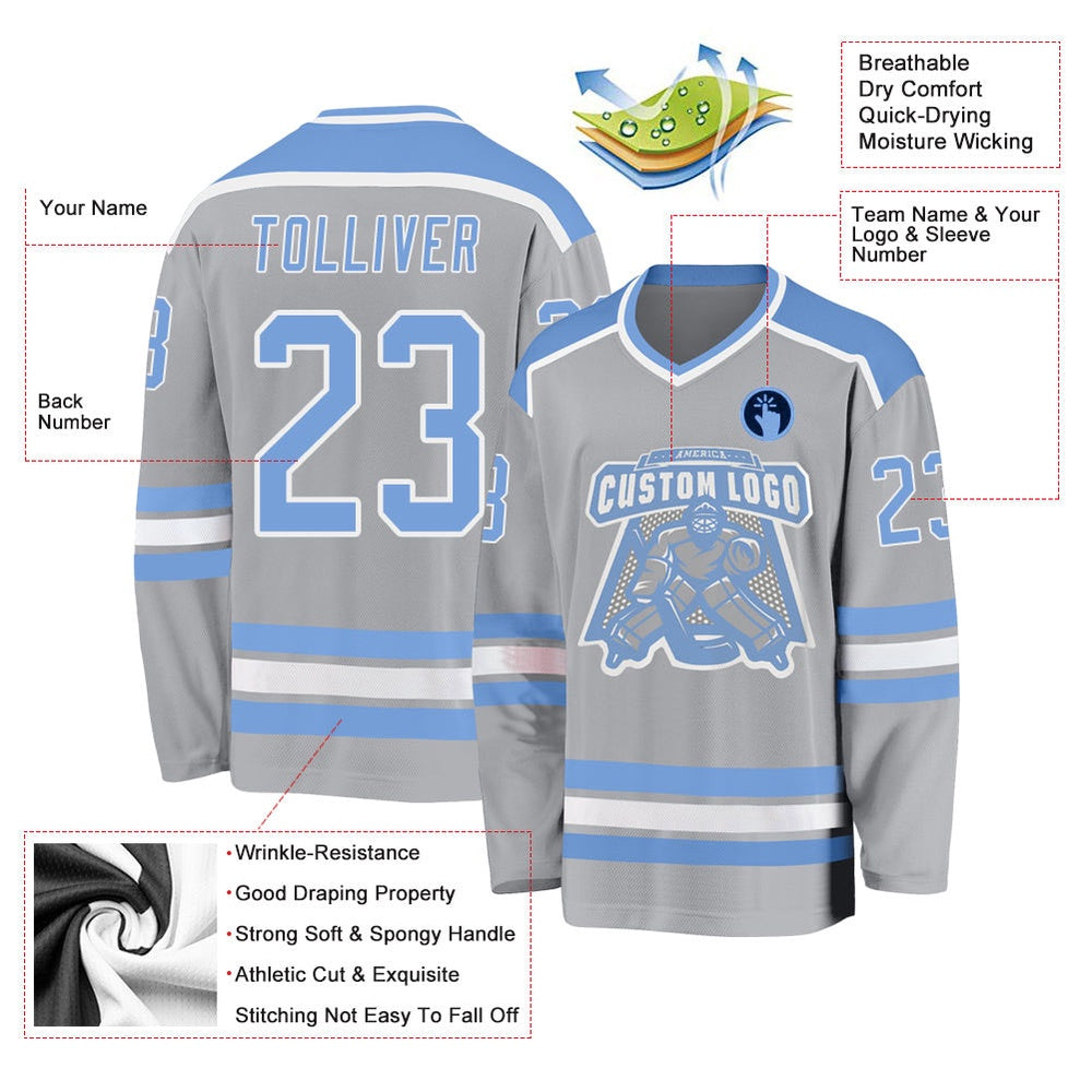 Usa Hockey Jersey, Custom Gray Light Blue White Hockey Jersey, Team Hockey Jerseys