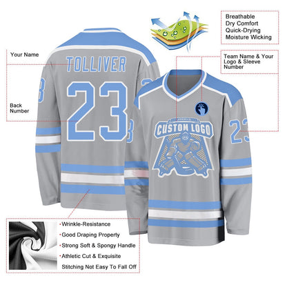 Usa Hockey Jersey, Custom Gray Light Blue White Hockey Jersey, Team Hockey Jerseys