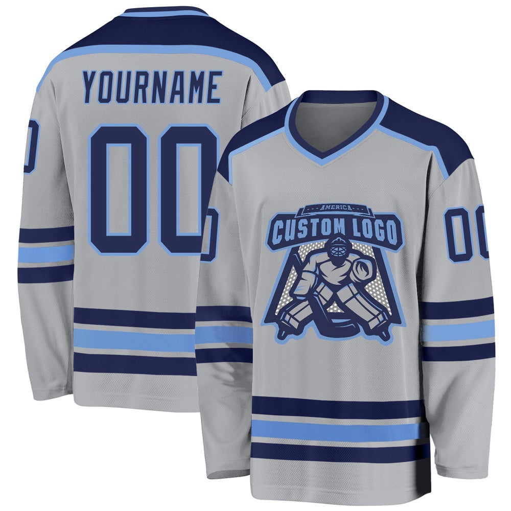 Usa Hockey Jersey, Custom Gray Navy Light Blue Hockey Jersey, Team Hockey Jerseys