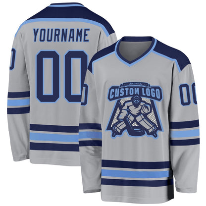 Usa Hockey Jersey, Custom Gray Navy Light Blue Hockey Jersey, Team Hockey Jerseys