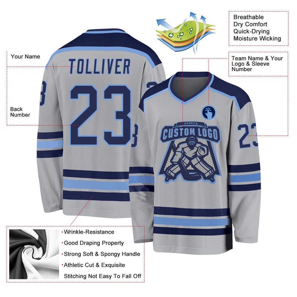 Usa Hockey Jersey, Custom Gray Navy Light Blue Hockey Jersey, Team Hockey Jerseys