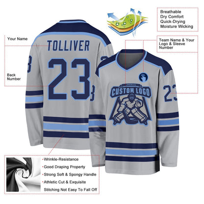 Usa Hockey Jersey, Custom Gray Navy Light Blue Hockey Jersey, Team Hockey Jerseys