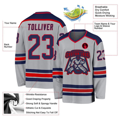 Usa Hockey Jersey, Custom Gray Navy Red Hockey Jersey, Team Hockey Jerseys