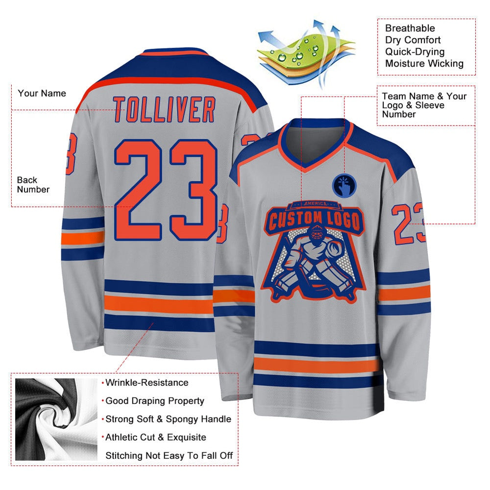 Usa Hockey Jersey, Custom Gray Orange Royal Hockey Jersey, Team Hockey Jerseys