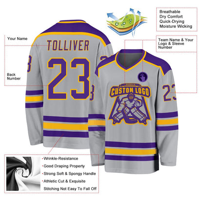 Usa Hockey Jersey, Custom Gray Purple Gold Hockey Jersey, Team Hockey Jerseys