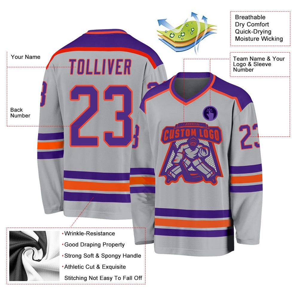 Usa Hockey Jersey, Custom Gray Purple Orange Hockey Jersey, Team Hockey Jerseys