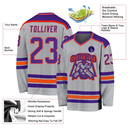 Usa Hockey Jersey, Custom Gray Purple Orange Hockey Jersey, Team Hockey Jerseys