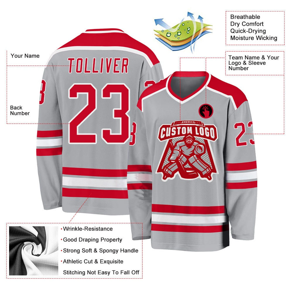 Usa Hockey Jersey, Custom Gray Red White Hockey Jersey, Team Hockey Jerseys