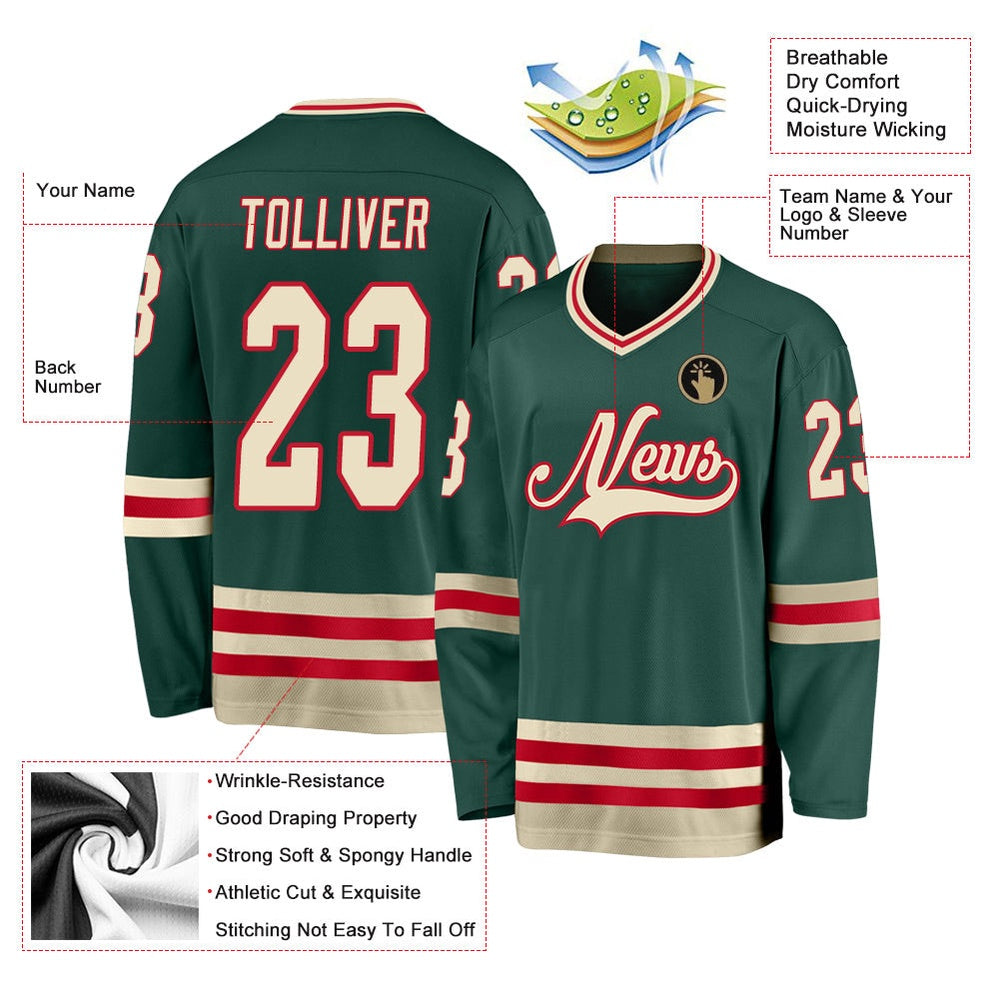 Usa Hockey Jersey, Custom Green Cream Red 1 Hockey Jersey, Team Hockey Jerseys