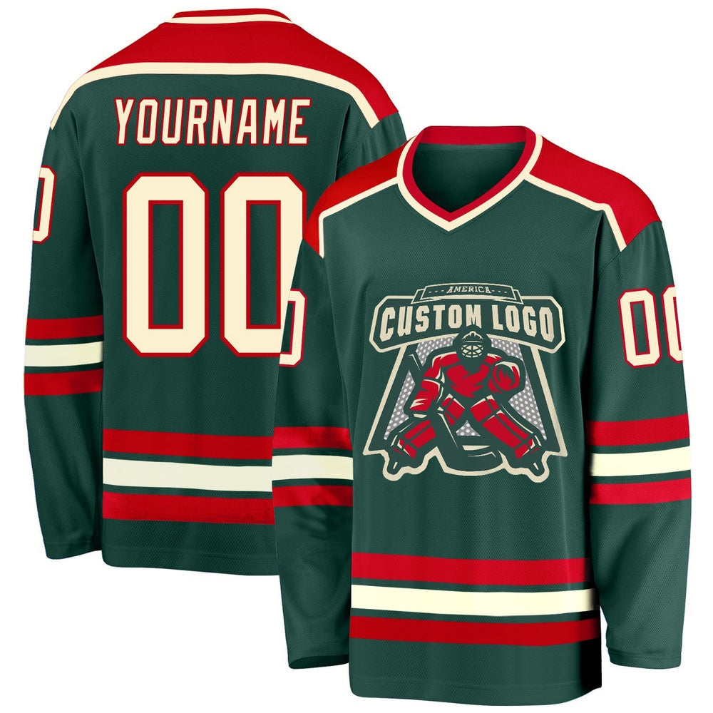 Usa Hockey Jersey, Custom Green Cream Red Hockey Jersey, Team Hockey Jerseys