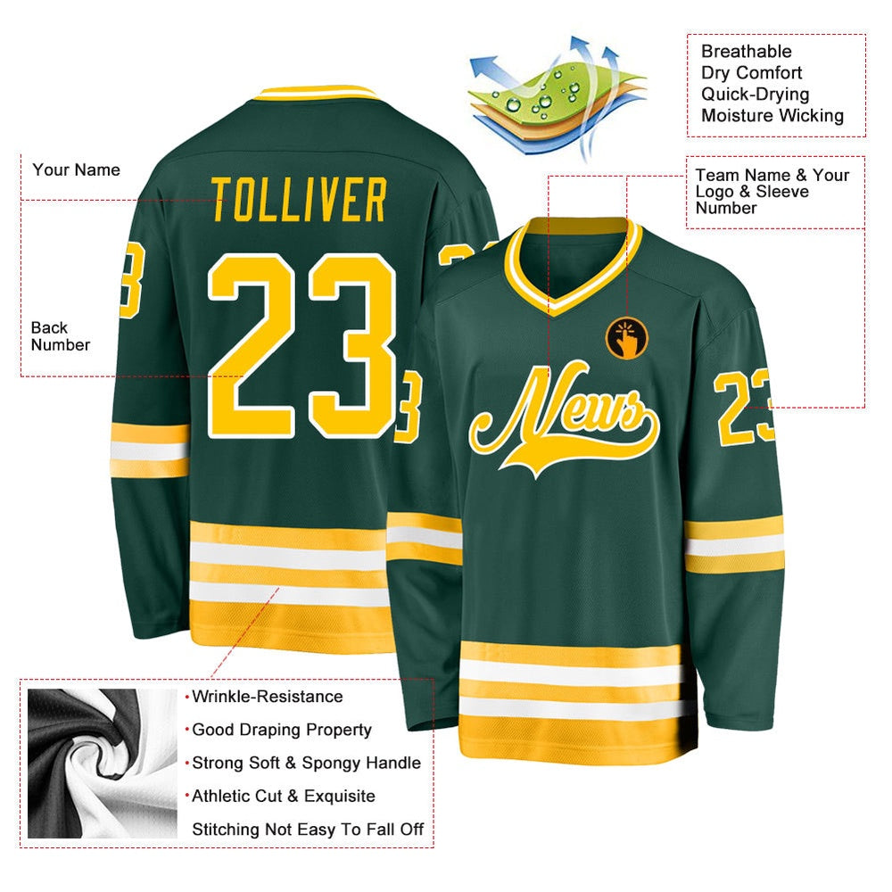 Usa Hockey Jersey, Custom Green Gold White Hockey Jersey, Team Hockey Jerseys