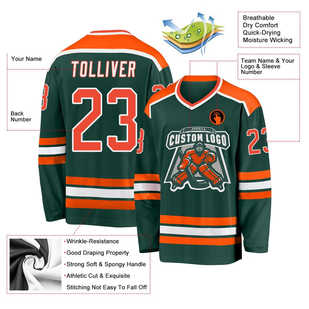 Usa Hockey Jersey, Custom Green Orange White Hockey Jersey, Team Hockey Jerseys
