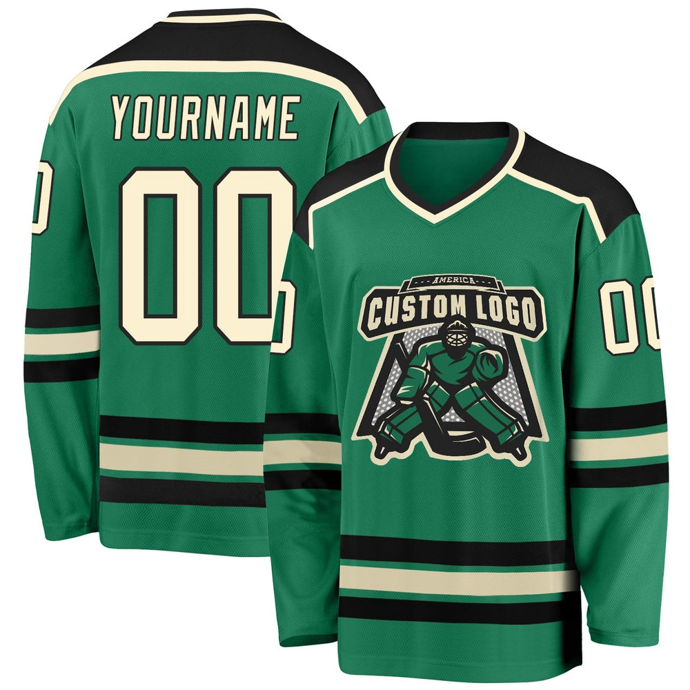 Usa Hockey Jersey, Custom Kelly Green Cream Black Hockey Jersey, Team Hockey Jerseys