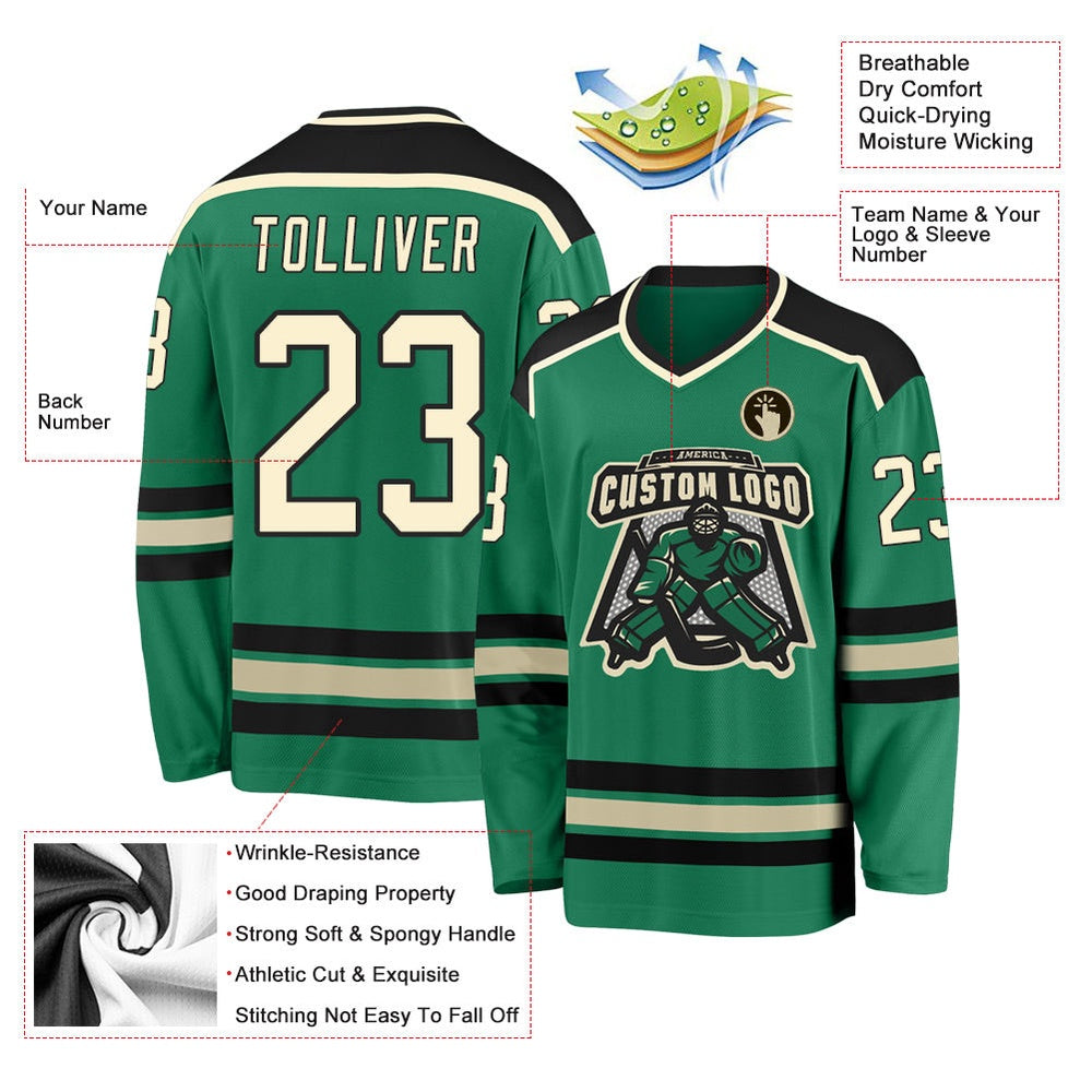 Usa Hockey Jersey, Custom Kelly Green Cream Black Hockey Jersey, Team Hockey Jerseys