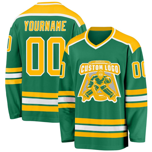 Usa Hockey Jersey, Custom Kelly Green Gold White Hockey Jersey, Team Hockey Jerseys