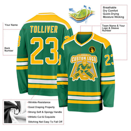 Usa Hockey Jersey, Custom Kelly Green Gold White Hockey Jersey, Team Hockey Jerseys